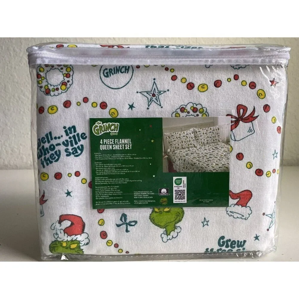 4 Pc Dr. Seuss The Grinch QUEEN Size Cotton Flannel Sheet Set Christmas Soft NEW